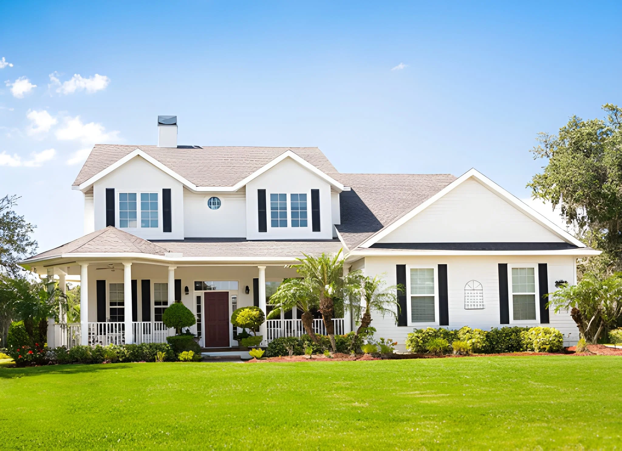 Modern farmhouse style home with white exterior red door covered porch and manicured green lawn under a bright blue sky