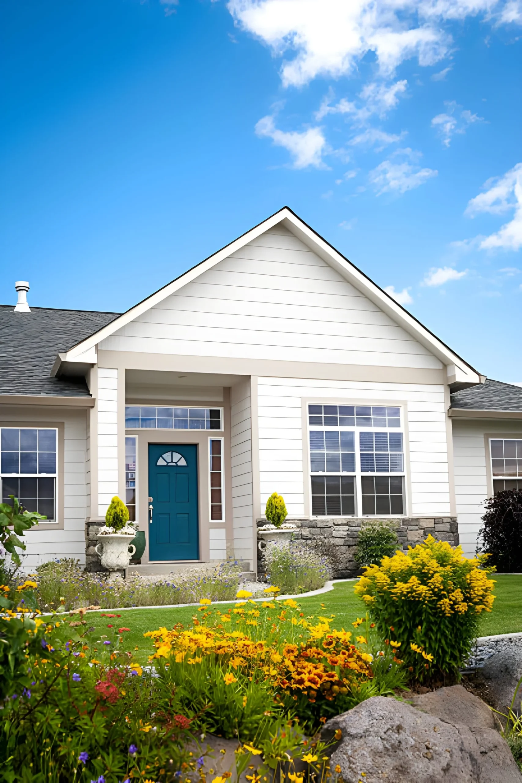 Modern farmhouse style home with white exterior red door covered porch and manicured green lawn under a bright scaled